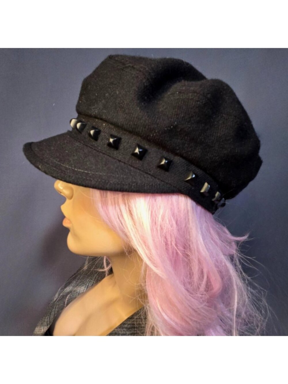 Vintage Y2K Juicy Couture Black Studded Newsboy Cap Slouchy Hat 2000s One Size